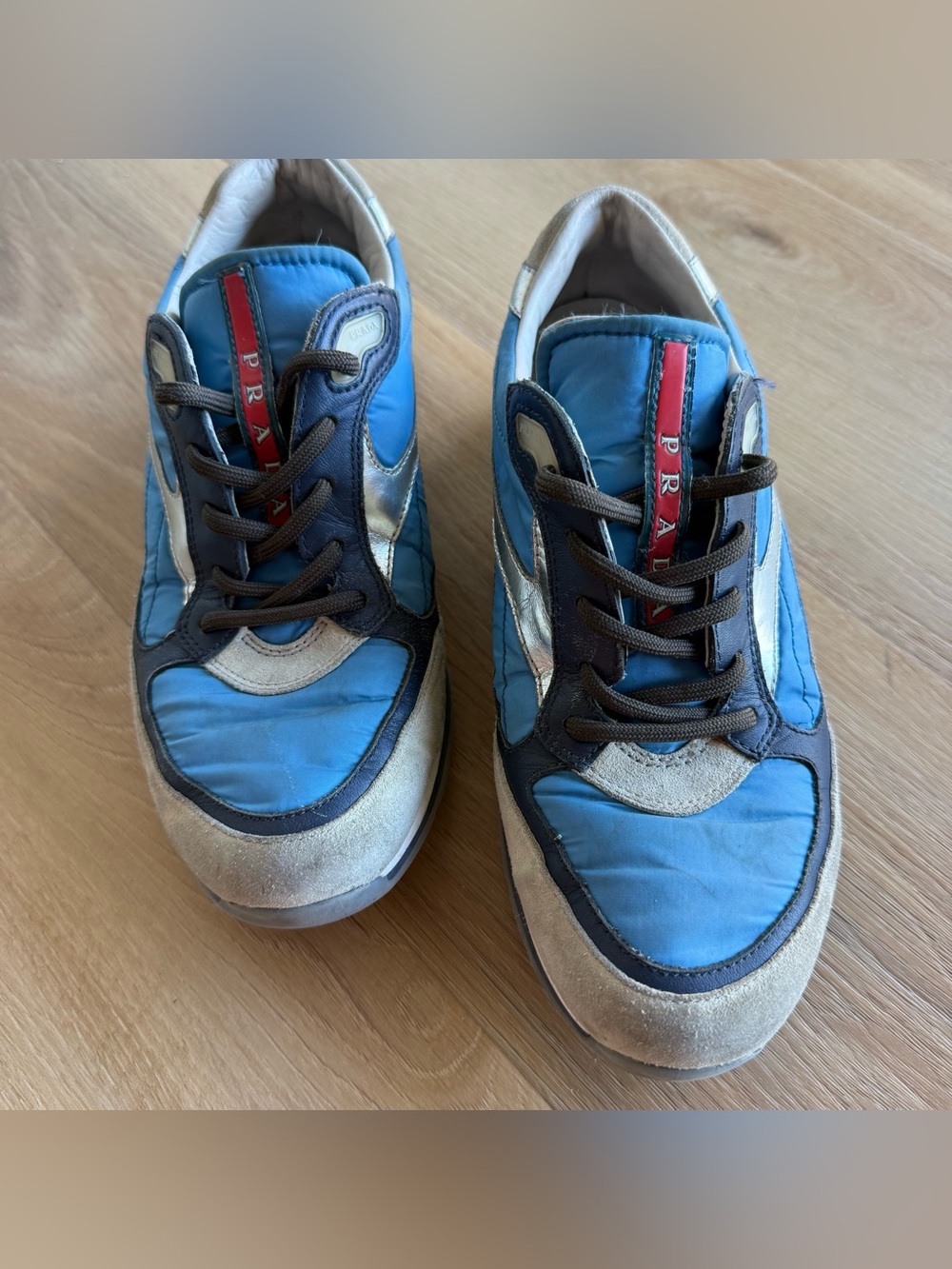 Prada sneakers shoes SZ 37 logo silver suede Blue Nylon colorblock unisex